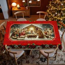 1pc Vintage Traditional Christmas Tablecloth, Jesus Nativity Scene Red Snowy Landscape Angel Shepherd Starry Night Tablecloth, Polyester Fabric, Lace Edging, Rectangular And Round Shapes, Suitable For Indoor And Outdoor - Kitchen, Dining Room Decor, Ideal Christmas Gift, Dinner Party, Picnic, Home Kitchen Decoration