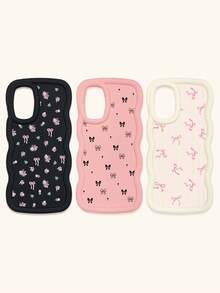 Black White Pink Bowknot Fashion Phone Cases 3pcs Dopamine Themed Wavy Edge Bowknot Pattern Phone Cases Compatible With IPhone & Galaxy Phones Spring Gift - Multicolor - View 29
