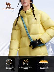 CAMEL CROWN Women's Outdoor Down Jacket Autumn And Winter 700 Fill Power Water Repellent Down Men's Thick Hooded Warm Puffer Jacket - Moon Shadow Yellow - View 2