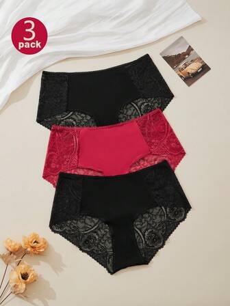 3pcs Elegant & Comfortable Solid Color High Elasticity Lace Soft Breathable Women's Bikini Panties, Suitable For Lounging & Dating