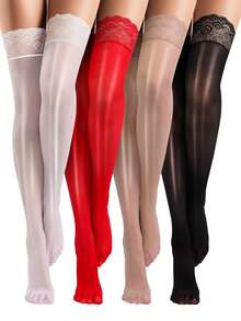 4 Pairs Of Sexy Women's Horse Oil Socks, Shiny Over-The-Knee Socks, Lace Silicone Anti-Slip Silk Socks, Transparent Sexy Over-The-Knee Socks. - 彩色 - 查看 1