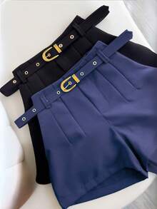 Women's Tailored Shorts With Belt And Pocket Thin Belt - 藏蓝色 - 查看 3