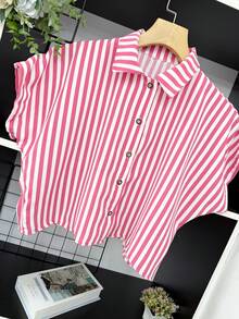 ELLIE Casual Striped Print Loose And Cropped Shirt - 粉紅色粗條紋 - 查看 2