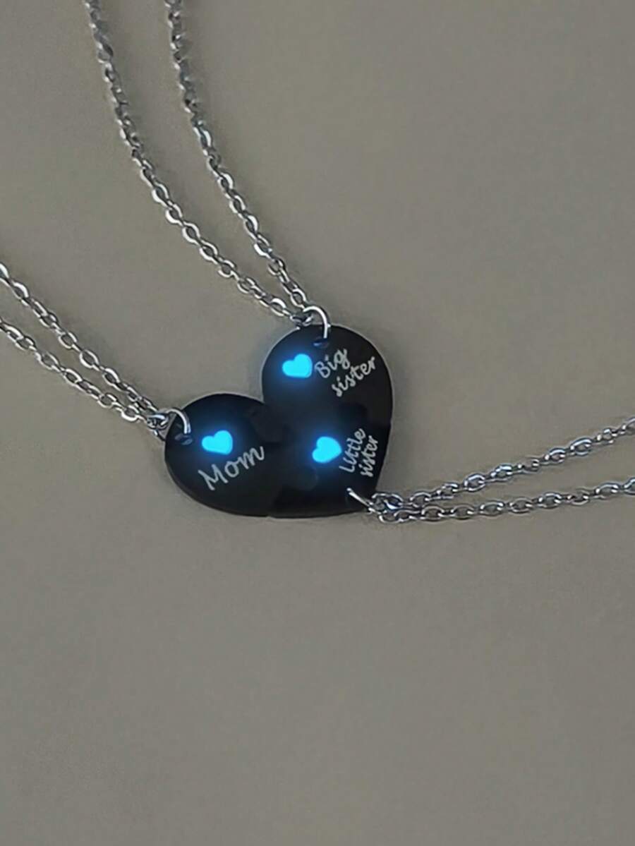 ATLVXJL 3件套夜光情侣/友情不锈钢心形吊坠项链套装，日常休闲及情人节礼物