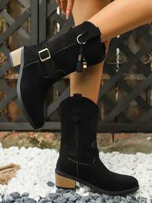 Botas de vaquera con cuentas para mujer, estilo europeo y americano, nueva moda otoño/invierno 2025 con hebilla y tacón grueso, punta afilada, botas de vestir