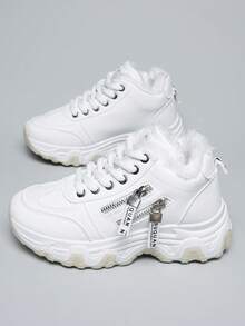 Women's Thick Sole Casual Shoes, Solid Color Simple Design, Round Toe, Warm Lining, Winter Sports Sneakers - White - View 2