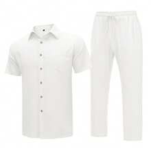 URRU Mens 2 Piece Linen Outfit Summer Beach Short Sleeve Button Down Shirt And Pants Set - White - View 4