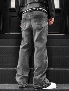 Jeans acampanados, jeans de mezclilla elástica, jeans pitillo, jeans de mezclilla desgastada y lavada, producto de algodón versátil y de moda, jeans de mezclilla lavada con bolsillos en diagonal - Gris - Ver 2