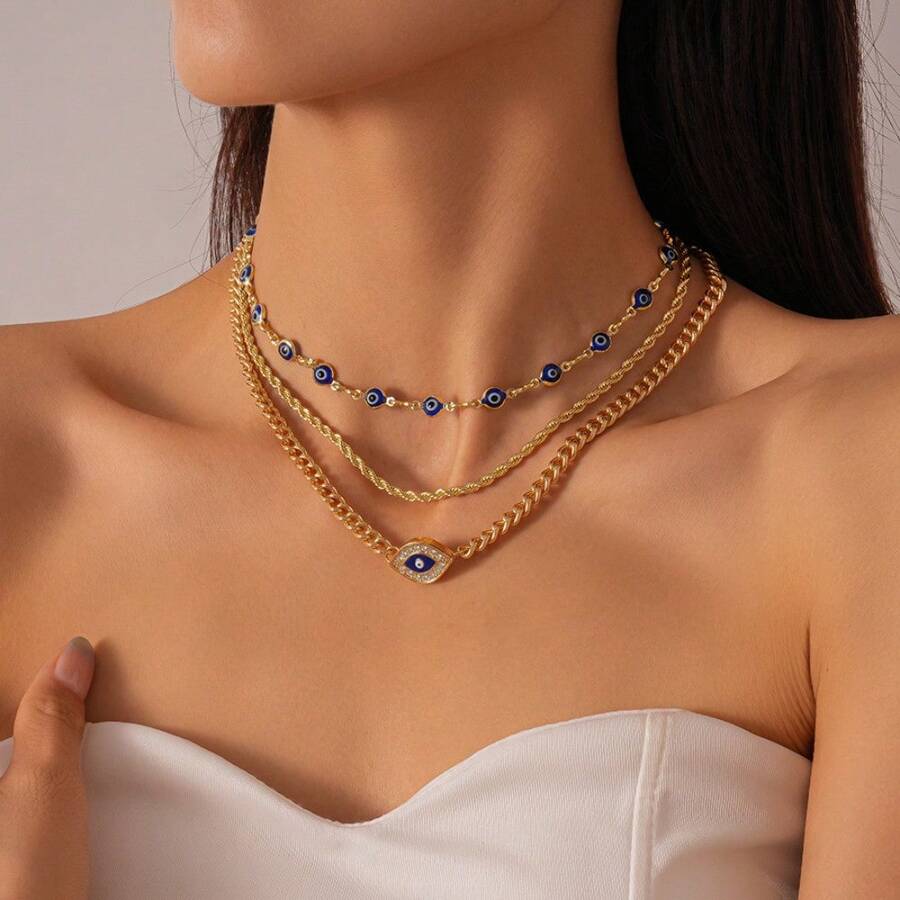 3pcs Artistic Stacking Three-Piece Necklace, Diamond-Encrusted Dripping Geometric Eye Necklace, Light Luxury Niche Design, A Set Unlocks A Variety Of Retro Shapes - 金色 - 查看 1