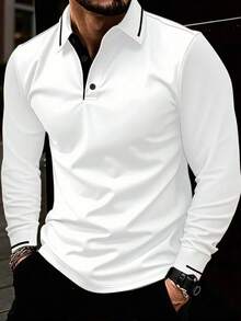 1pc Casual Men's Contrast Trim Quarter Button Collar Long Sleeve Polo Shirt, Suitable For Spring & Autumn, For Golf, For Fall