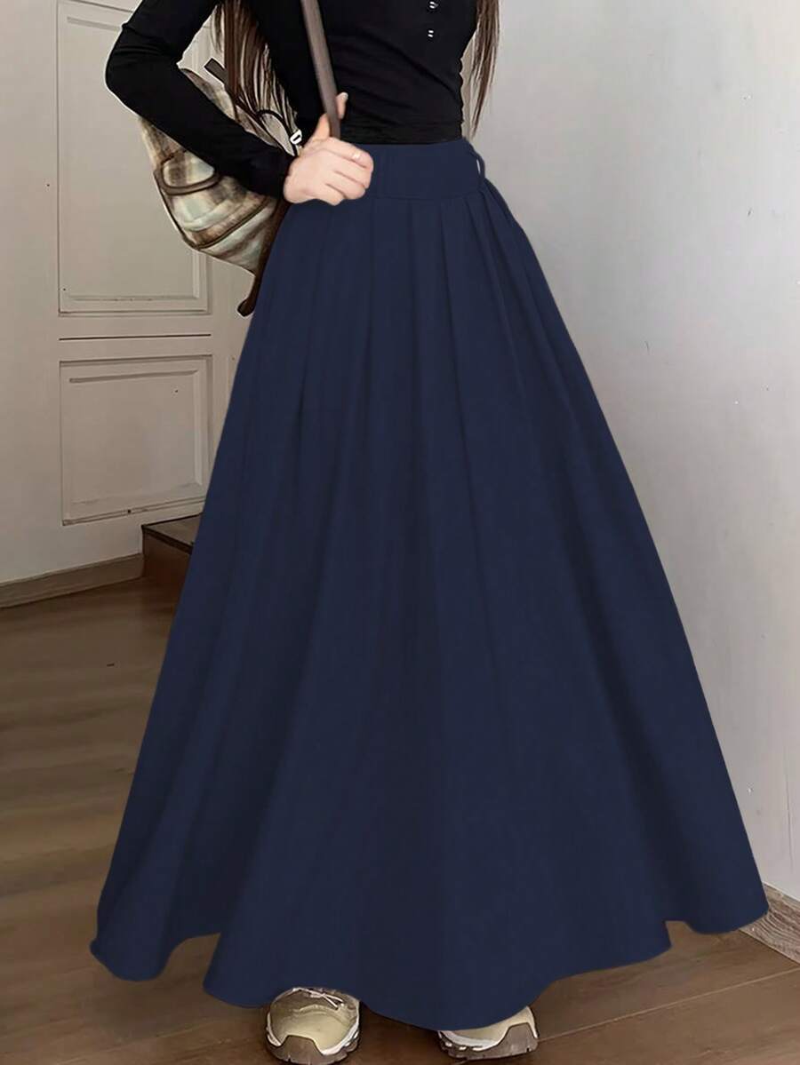 Flowing Pleated Maxi Skirt, Solid Navy Blue, Suitable For Commute, Date, Casual Wear, With Pockets, Versatile, Daily Wear - Navy Blue - View 1