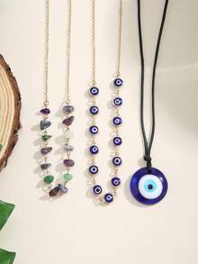 3pcs/Set Bohemian Style Wax Cord Beaded Blue Evil Eye Pendant Necklace, Simple & Fashionable Beach Vacation Versatile Women Beaded Choker Necklace (Actual Chain Length, Random Eye & Bead Quantity)