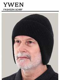 1pc Men's Solid Color Knit Beanie Hat, Cozy Ear Protective Design No Brim Casual Warm Cap, Suitable For Daily Outdoor Wear, Fall / Winter