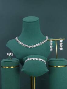 1 Set White Gold Plated Leaf Design Bridal Wedding Jewelry Set, Handcrafted With White Cubic Zirconia, Including Necklace, Bracelet, Earrings, Ring, Suitable For Daily Wear And Wedding, Wedding Anniversary Gift (Gift Box Packaging), Christmas Gift - Leaf Bride Wedding Set - View 1