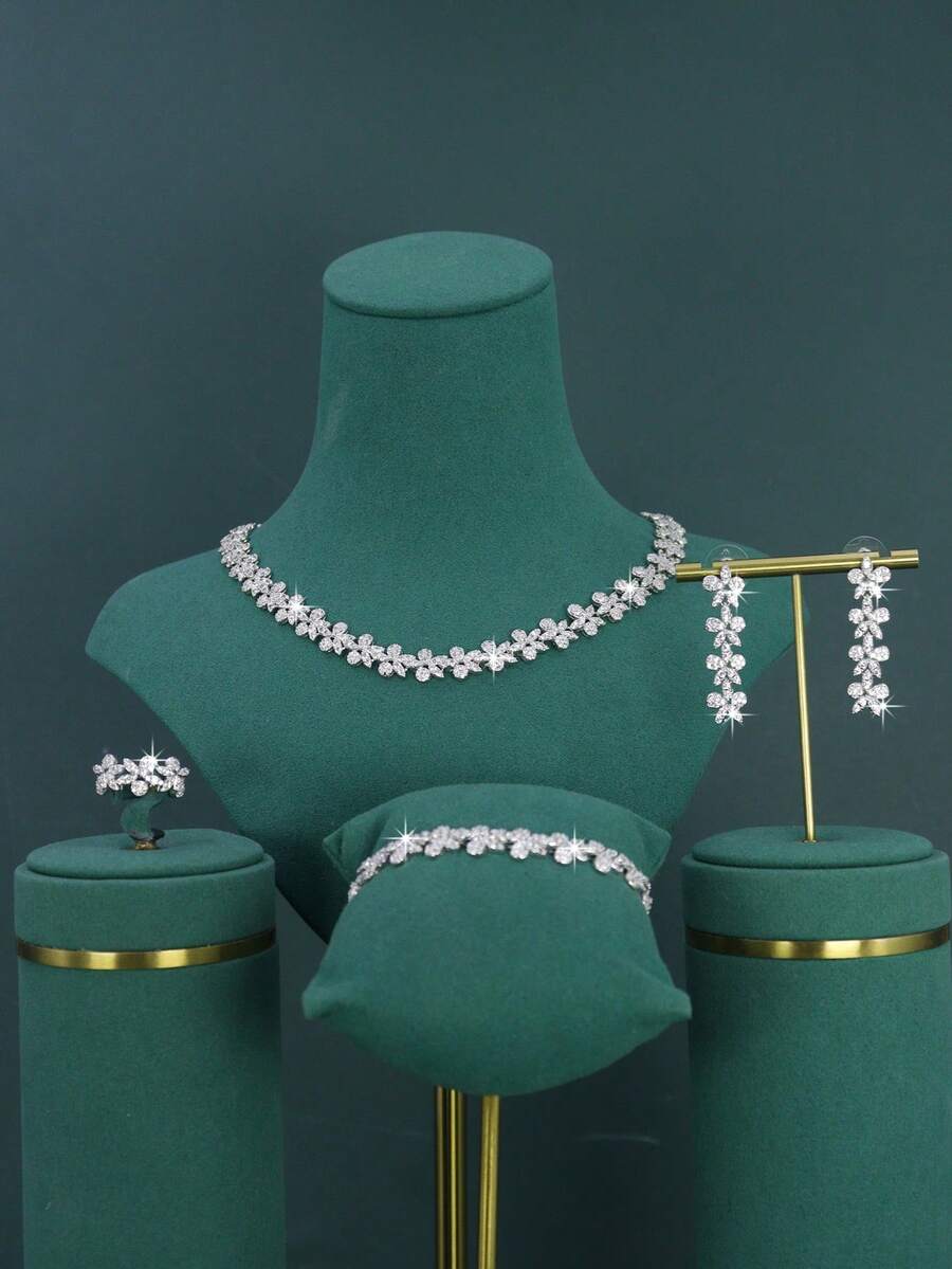 1 Set White Gold Plated Leaf Design Bridal Wedding Jewelry Set, Handcrafted With White Cubic Zirconia, Including Necklace, Bracelet, Earrings, Ring, Suitable For Daily Wear And Wedding, Wedding Anniversary Gift (Gift Box Packaging), Christmas Gift - Leaf Bride Wedding Set - View 1