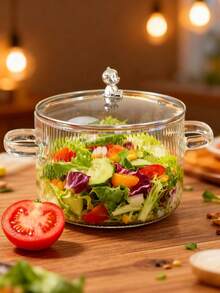 1PC高硼硅玻璃双耳炖锅-0.35/1.6L大容量+耐高温高硼硅玻璃双耳炖锅-心形熊柄家用煲汤煮奶简约风格透明锅身圆形耐热双耳适用于明火微波炉