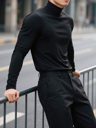 T-shirt à manches longues col montant pour homme, adapté pour le port casual en extérieur au printemps/automne