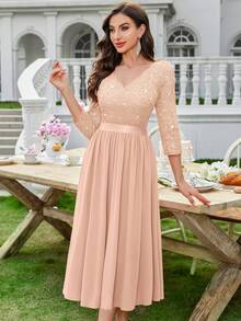 MIUSOL Elegant Champagne V-Neck Sequin Lace Ruched Chiffon A-Line Flowy Hem Midi Dress, 3/4 Sleeves, For Wedding Guest, Cocktail Party, Graduation Or Formal Evening Events - 香檳色 - 查看 6