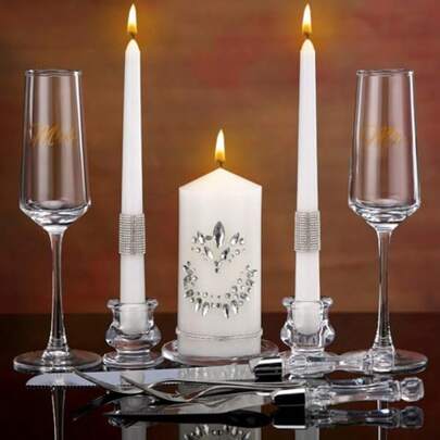 12 Pcs Unity Wedding Set Crystal Unity Candles With Glasses Candle Holder Wedding Champagne Flutes Cake Cutting Set Bride Groom Unity Candles Gifts For Reception Ceremony Wedding Decor