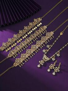 A Set Of Fashion Jewelry Headdress Combination With Necklace And Earrings, Variety Of Colors And Styles Suitable For Wedding, Daily Wear, Party - Gold Style, White Rhinestone, Versatile Bridal Accessory Set