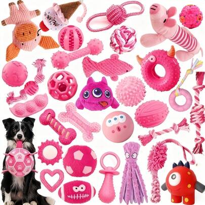 Set de 4/8 juguetes para mascotas, Lindo set de juguetes rosas para perros pequeños, Adecuado para perros pequeños, Juguetes masticables con chillido, Juguetes interactivos de entrenamiento, Beneficioso para la salud del perro