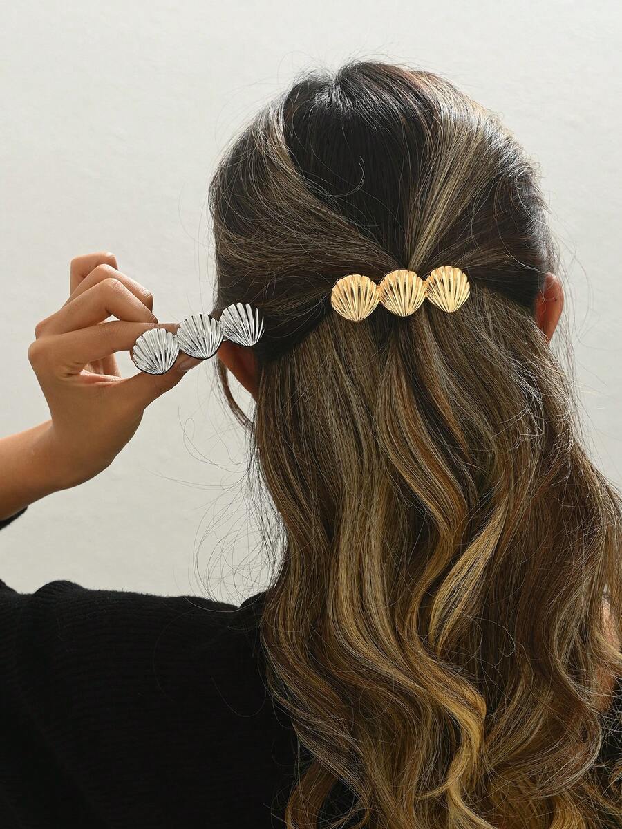 1pc Metal Texture Shell Hair Clip, 3-Piece Set For Women, Everyday Hairstyle Accessory, Claw Clips