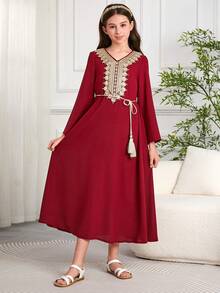 Girl & Girls' Middle Eastern/Arabic Style Long Robe Dress With Belt, Suitable For Dubai, Indonesia, Turkey - Red - View 1
