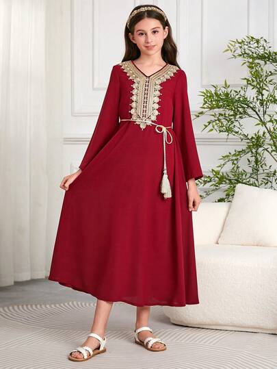 Girl & Girls' Middle Eastern/Arabic Style Long Robe Dress With Belt, Suitable For Dubai, Indonesia, Turkey