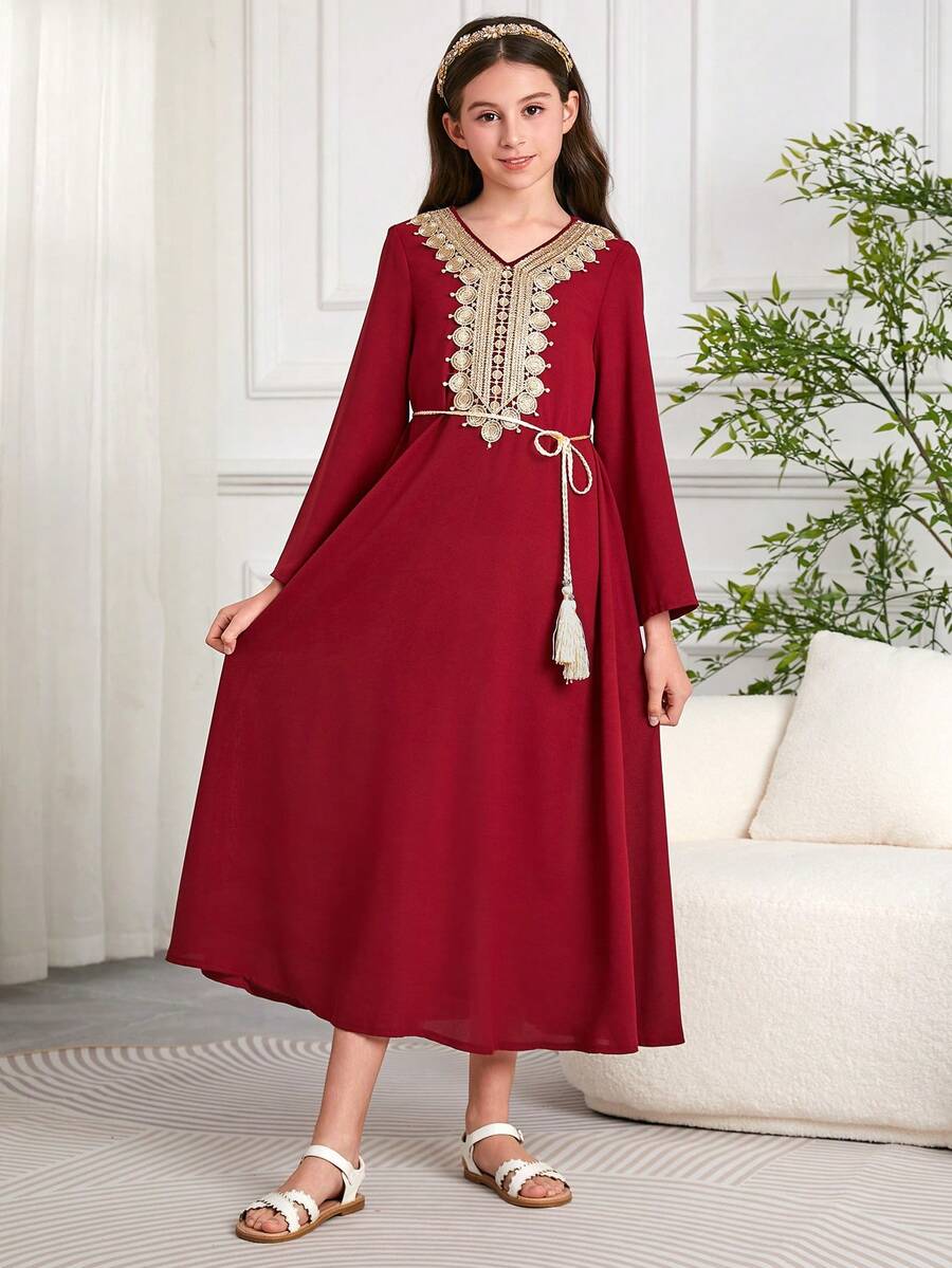 Girl & Girls' Middle Eastern/Arabic Style Long Robe Dress With Belt, Suitable For Dubai, Indonesia, Turkey - Red - View 1