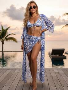 4pcs/Set Sexy Printed Women Swimwear Bikini Split Mesh Cover Up Skirt Triangle Bottom Split Beach Cover-Up Swimwear Summer