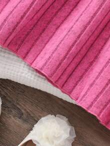 Young Girls Round Neck Knitted Long Sleeve Pleated Waist Ruffle Floral Decor Ribbed Dress, Sweet & Cute Fashion Princess Dress, Soft & Comfortable, Suitable For Autumn/Winter