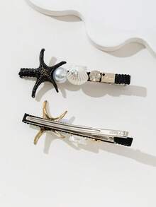 2pcs/Set Casual Black & White Starfish & Shell Decor Hair Clips With Rhinestones, Suitable For Daily Wear, Holidays, Dates, Gifts, Looks Of Party