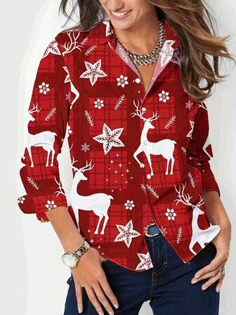 Elegant röd blus för kvinnor, jultopp med slumpmässigt snöfling- och hjortmönster, lämplig för högtider och vardagsbruk, maskintvättbar lös passform, utmärkt födelsedagspresent till jul, andningsbar för alla årstider