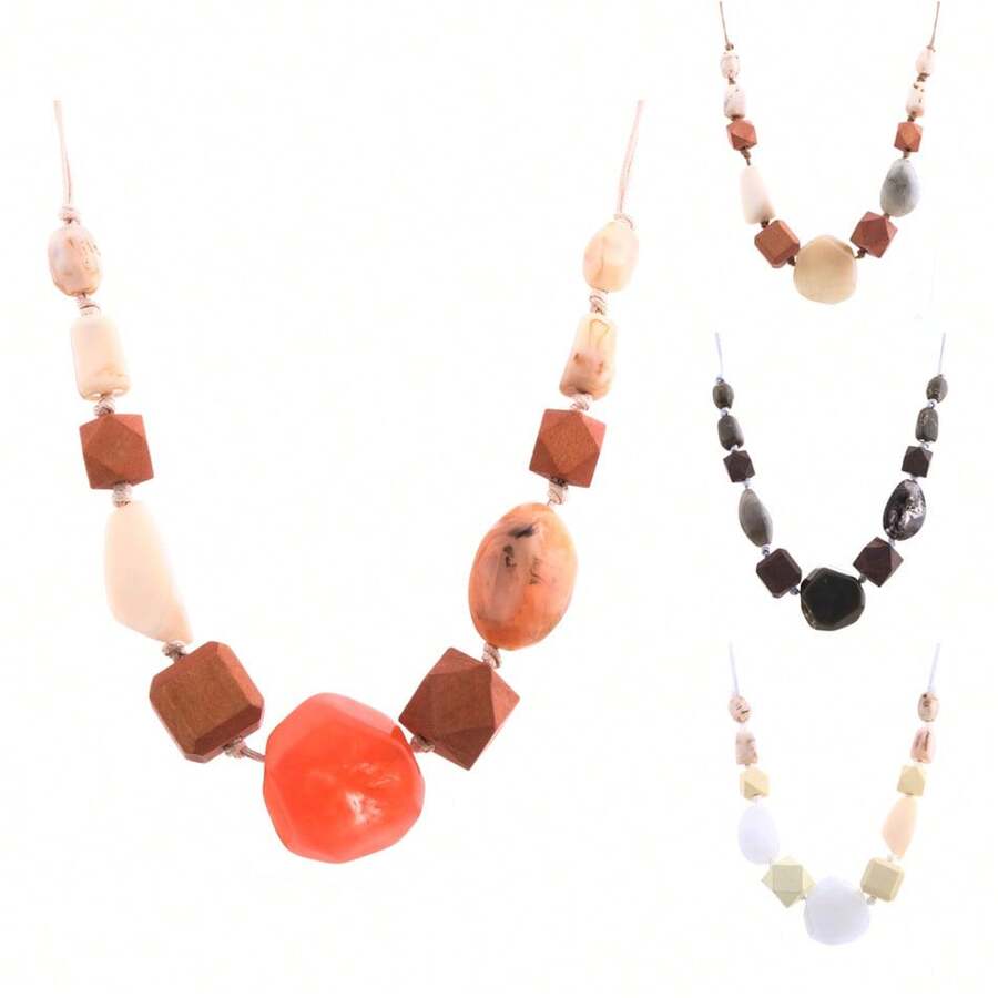 Adjustable Length Wax Rope Necklace Women, Acrylic Stone And Wooden Bead Pendant, Vintage Jewelry, Elegant Women's Accessories, Valentine's Day, Suitable All Seasons Daily Wear - 29-2851 紅色 - 查看 1