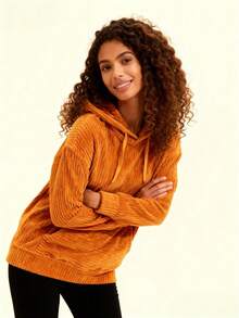 Sweat-shirt à capuche en polyester côtelé, pull décontracté avec cordon de serrage pour une utilisation quotidienne, les voyages et la maison, automne/hiver