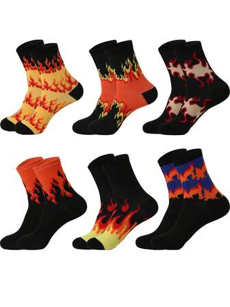 1 双男士袜子秋冬个性街头撞色火焰图案中筒袜针织面料，适合全天候穿着，适合日常旅行、户外、派对、节日、送礼