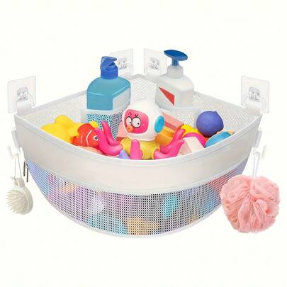 Soporte de almacenamiento de juguetes de baño montado en la esquina, cesta de ducha de malla para organizador de bañera, accesorios de baño de secado rápido