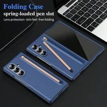 حافظة واقية قابلة للطي مطورة، متوافقة مع هواتف سامسونج جالكسي زد فولد 3/4/5/6/7، بفتحة قلم واحدة، تأتي مع قلم حبر، ملمس رقيق، قابلية طي لا نهائية، حلقة حماية العدسة، متوفرة باللون الأزرق/الرمادي/الوردي/الأسود، مناسبة للرجال والنساء