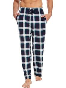 Mens Pajama Pants - Viscose Made From Bamboo, Soft Sleep Pants Comfy Drawstring Lounge Bottom With Pockets Sweatpantshalloween - Navy & Green Plaid - View 5