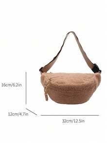 1 件女式纯色夏尔巴针织拉链斜挎胸包，柔软轻便的休闲腰包，带多个口袋，适合冬季户外便携式腰包 - 棕色 - 查看 5