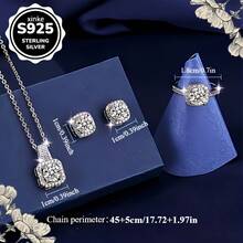 4-Piece Elegant 925 Silver Moissanite Jewelry Set - Simple Luxury Style, Including Open Ring, Earrings, Necklace, Perfect Gift Choice For Casual Outfits - 4PCS(項鍊+戒指+耳環) - 查看 5