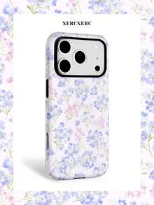 xercxerc Blue And Pink Floral Print 2-In-1 Case With PC Hard Outer & TPU Soft Inner, Large Window, Matte/Glossy Finish For IPhone 11-17 Pro ProMax Air - Multicolor - View 2