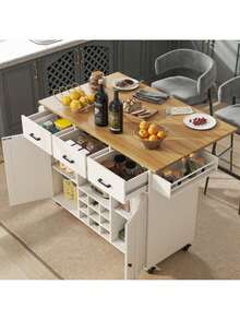 Dining Cart, Kitchen Cart, Removable Dining Cart With Worktop, Towel Rail And Spice Rack, Adjustable Dividers, Buffet Cabinet, Kitchen Cabinets, Tabletop With Wood Grain, White