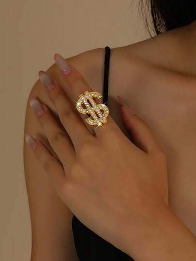 1pc Fashionable Elegant Luxury Crystal Dollar Sign Ring