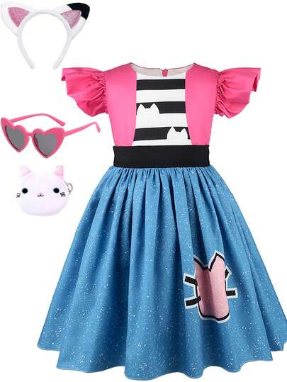 Halloween Carnival Cat Dollhouse Cosplay Costume Birthday Party Evening Outfits Ruffle Sleeve Dresses With Headband