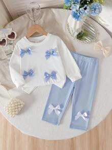 HAO6 2pcs Baby Girls' Outfit Set: White Bow Decor Pullover Sweater & Blue Pants, Casual Spring/Autumn Floral Decorated Long Sleeve Suit, Cute & Fashionable For Everyday Wear, Suitable For Spring, Autumn & Winter - White - View 1