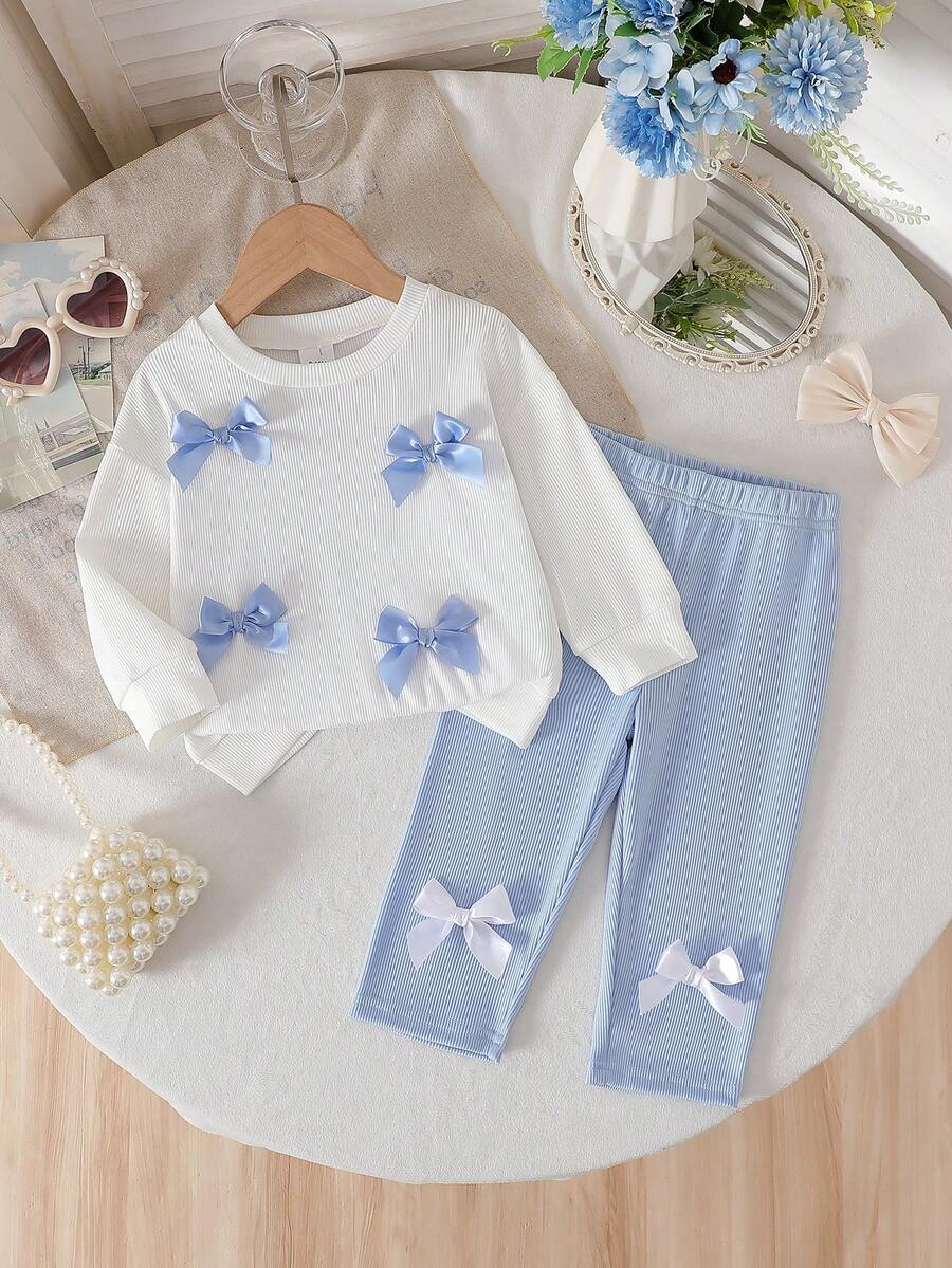 HAO6 2pcs Baby Girls' Outfit Set: White Bow Decor Pullover Sweater & Blue Pants, Casual Spring/Autumn Floral Decorated Long Sleeve Suit, Cute & Fashionable For Everyday Wear, Suitable For Spring, Autumn & Winter - White - View 1