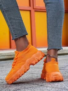 Women's Neon Orange Wavy Sole Casual Sneakers, Lace-Up Design, Suitable For All Seasons, - Orange - View 5