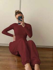 2pcs Casual Solid Color Co-Ord Sets For Women, Autumn Drawstring Tracksuit, Comfortable Sporty Homewear, Fitted Cute & Sweet Daily Wear - Burgundy - View 1