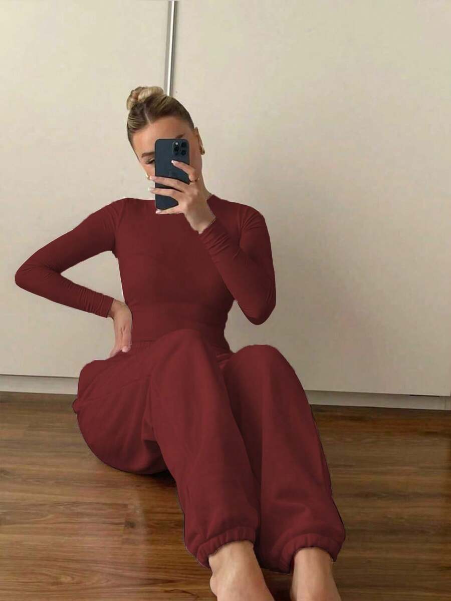 2pcs Casual Solid Color Co-Ord Sets For Women, Autumn Drawstring Tracksuit, Comfortable Sporty Homewear, Fitted Cute & Sweet Daily Wear - Burgundy - View 1